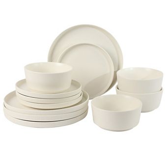 Gibson Home Dempsey Road 12 pc Stoneware Modern Embossed Plates and Bowls Dinnerware Set