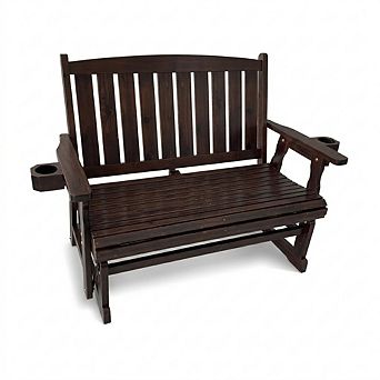 Wooden Patio Glider, with Cup Holders, High Back and Deep Contoured Seat, Solid Fir Wood