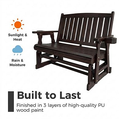 Wooden Patio Glider for One Person, with High Back and Deep Contoured Seat, Solid Fir Wood