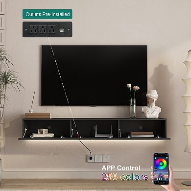 Trikiousd 65" Floating Wall-Mounted TV Stand with 16-Color LEDs for 5565" TVs