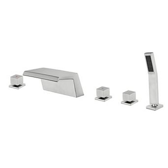 3-Handle Tub Deck Mount Roman Tub Faucet with Hand Shower, Stainless Steel High Arc Tub Facuet