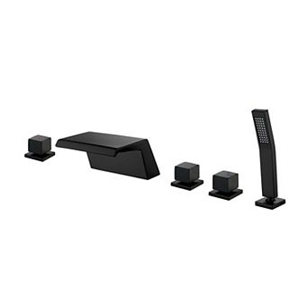 3-Handle Tub Deck Mount Roman Tub Faucet with Hand Shower, Stainless Steel High Arc Tub Facuet