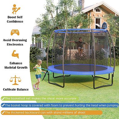 12 Foot Recreational Trampoline With Basketball Hoop And Safety Enclosure