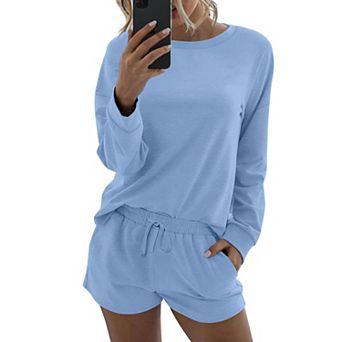 Ekouaer Womens Pajama Sets 2 pc Lounge Set Casual Long Sleeve With Lounge Shorts Loungewear