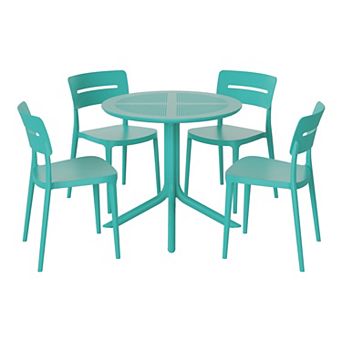 Modern 5 pc Resin Round Patio Dining Table Set with Stackable Patio Dining Chairs