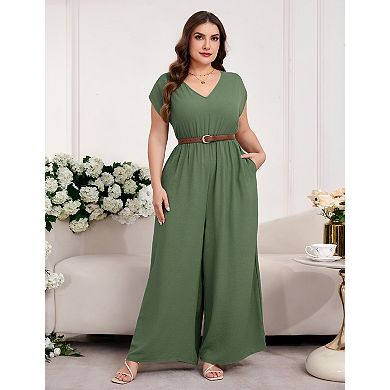 Women Plus Size V Neck Short Sleeve Jumpsuit Casual Fashion Romper