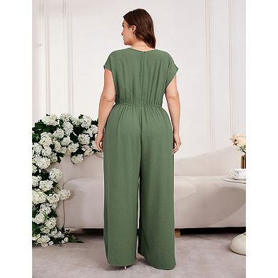 Women Plus Size V Neck Short Sleeve Jumpsuit Casual Fashion Romper