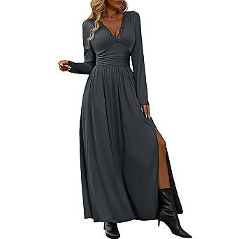 Seoria Long Sleeve V Neck Maxi Dress with Ruched Waist and Side Slit
