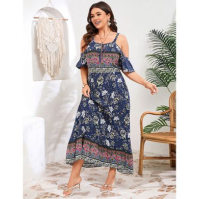 Women's Plus Size Off-Shoulder Flutter Sleeve Midi Dress with Side Pockets