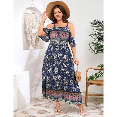 Women's Plus Size Off-Shoulder Flutter Sleeve Midi Dress with Side Pockets