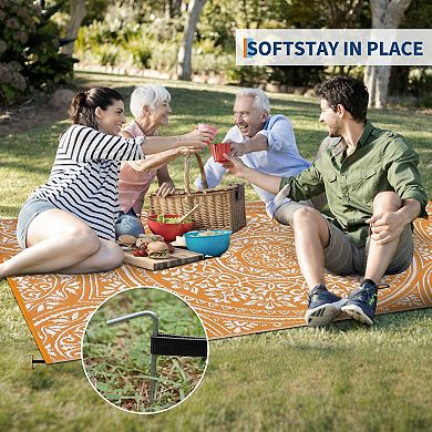 Waterproof Outdoor Rug, Reversible Plastic Straw Rug, UV Resistant Carpet with Stakes for Yard