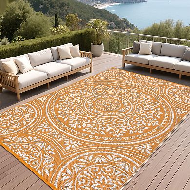 Waterproof Outdoor Rug, Reversible Plastic Straw Rug, UV Resistant Carpet with Stakes for Yard