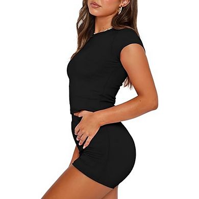 Women's 2 Piece Outfit Crew Neck Short Sleeve Crop Top High Waist Biker Shorts Set