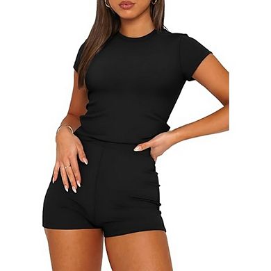 Women's 2 Piece Outfit Crew Neck Short Sleeve Crop Top High Waist Biker Shorts Set