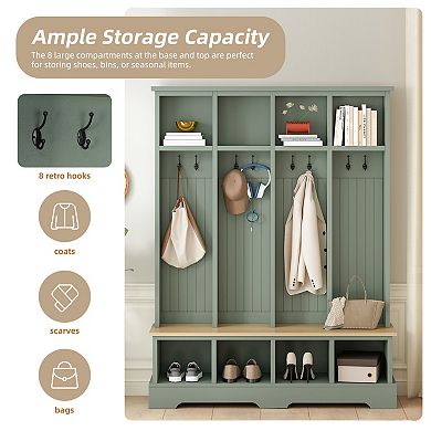 KWPZQEB Modern 3-in-1Coat Rack, Entryway Bench with with 8 Hooks, Open Compartments