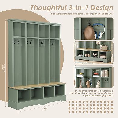 KWPZQEB Modern 3-in-1Coat Rack, Entryway Bench with with 8 Hooks, Open Compartments