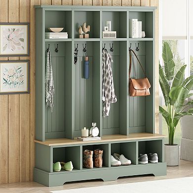 KWPZQEB Modern 3-in-1Coat Rack, Entryway Bench with with 8 Hooks, Open Compartments