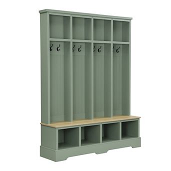 KWPZQEB Modern 3-in-1Coat Rack, Entryway Bench with with 8 Hooks, Open Compartments