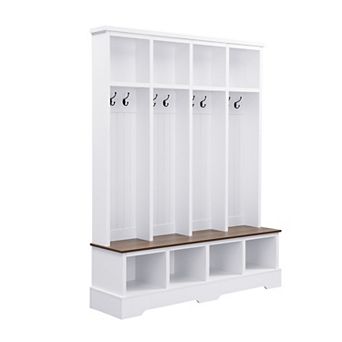 KWPZQEB Modern 3-in-1Coat Rack, Entryway Bench with with 8 Hooks, Open Compartments