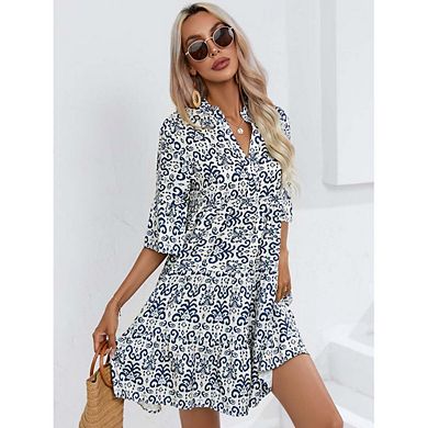 Women's Casual Loose Fit V-Neck Short Sleeve Summer Midi Dress