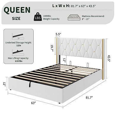 Velvet Lift Up Storage Bed Frame, Hydrualic Underneath Storage, No Box Spring Needed
