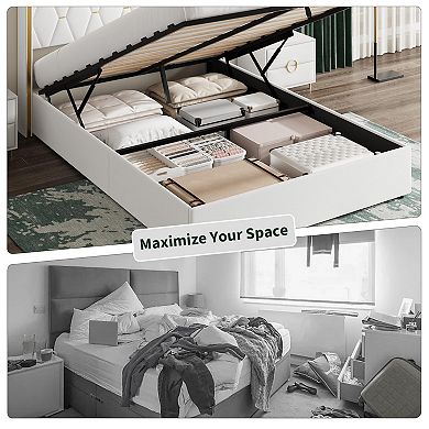 Velvet Lift Up Storage Bed Frame, Hydrualic Underneath Storage, No Box Spring Needed