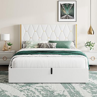 Velvet Lift Up Storage Bed Frame, Hydrualic Underneath Storage, No Box Spring Needed