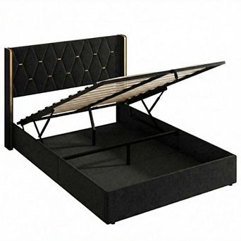 Velvet Lift Up Storage Bed Frame, Hydrualic Underneath Storage, No Box Spring Needed