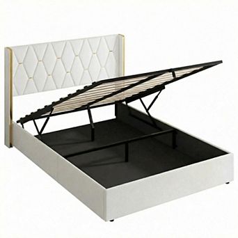 Velvet Lift Up Storage Bed Frame, Hydrualic Underneath Storage, No Box Spring Needed