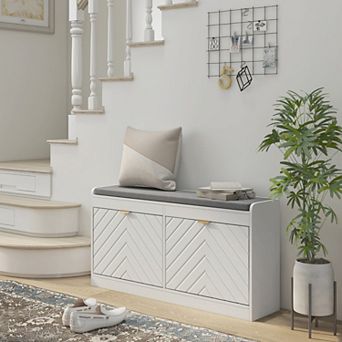 Shoe Bench with 2 Flip Drawers & Cushion, Entryway Storage Bench for Hallway Living Room