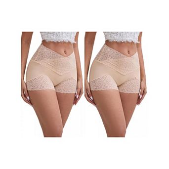 2 Packs Women's Lace Trim High Rise Shaper Shorts Seamless Flatten Tummy Hip-Lifter Control Panties