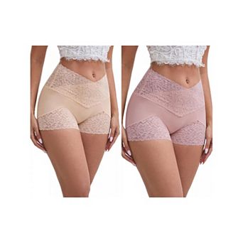 2 Packs Women's Lace Trim High Rise Shaper Shorts Seamless Flatten Tummy Hip-Lifter Control Panties