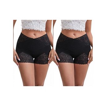 2 Packs Women's Lace Trim High Rise Shaper Shorts Seamless Flatten Tummy Hip-Lifter Control Panties
