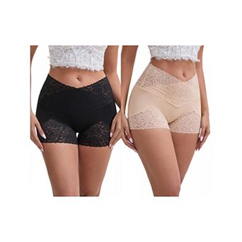 2 Packs Women's Lace Trim High Rise Shaper Shorts Seamless Flatten Tummy Hip-Lifter Control Panties