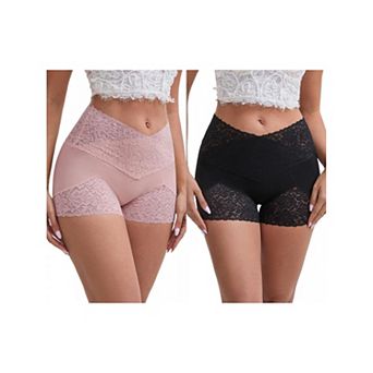2 Packs Women's Lace Trim High Rise Shaper Shorts Seamless Flatten Tummy Hip-Lifter Control Panties