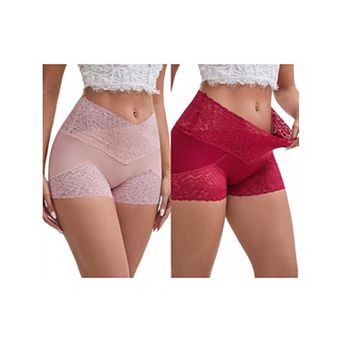 2 Packs Women's Lace Trim High Rise Shaper Shorts Seamless Flatten Tummy Hip-Lifter Control Panties
