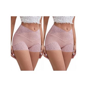 2 Packs Women's Lace Trim High Rise Shaper Shorts Seamless Flatten Tummy Hip-Lifter Control Panties