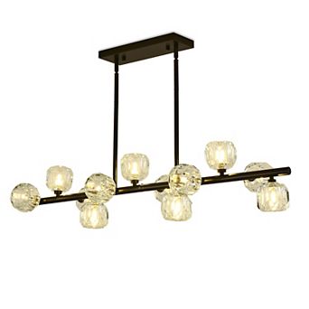 Modern 12-Light Black Metal Crystal Linear Chandelier for Kitchen Island
