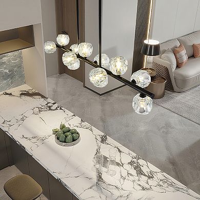 Modern 12-Light Black Metal Crystal Linear Chandelier for Kitchen Island
