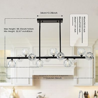 Modern 12-Light Black Metal Crystal Linear Chandelier for Kitchen Island