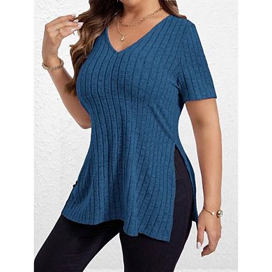 Women's V Neck Casual Tops Short Sleeve Solid Color Side Split Ribbed Stripe Pullover Blouse