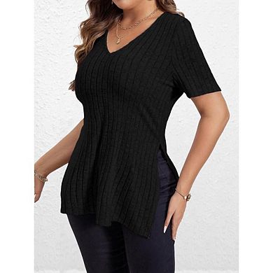 Women's V Neck Casual Tops Short Sleeve Solid Color Side Split Ribbed Stripe Pullover Blouse
