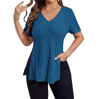 Women's V Neck Casual Tops Short Sleeve Solid Color Side Split Ribbed Stripe Pullover Blouse