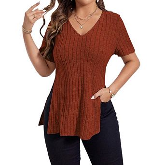 Women's V Neck Casual Tops Short Sleeve Solid Color Side Split Ribbed Stripe Pullover Blouse