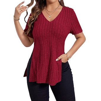 Women's V Neck Casual Tops Short Sleeve Solid Color Side Split Ribbed Stripe Pullover Blouse