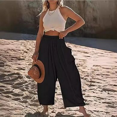 Womens Wide Leg Casual Loose Drawstring Flowy Beach Palazzo Harem Pants with Pockets
