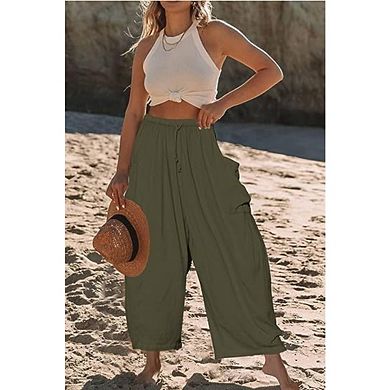 Womens Wide Leg Casual Loose Drawstring Flowy Beach Palazzo Harem Pants with Pockets