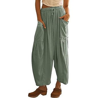 Womens Wide Leg Casual Loose Drawstring Flowy Beach Palazzo Harem Pants with Pockets