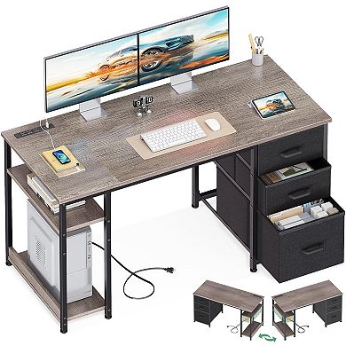 51" Reversible Desk with USB Ports, Fabric Drawers, Dual Monitors Space