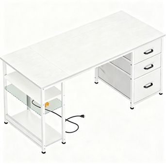 51" Reversible Desk with USB Ports, Fabric Drawers, Dual Monitors Space